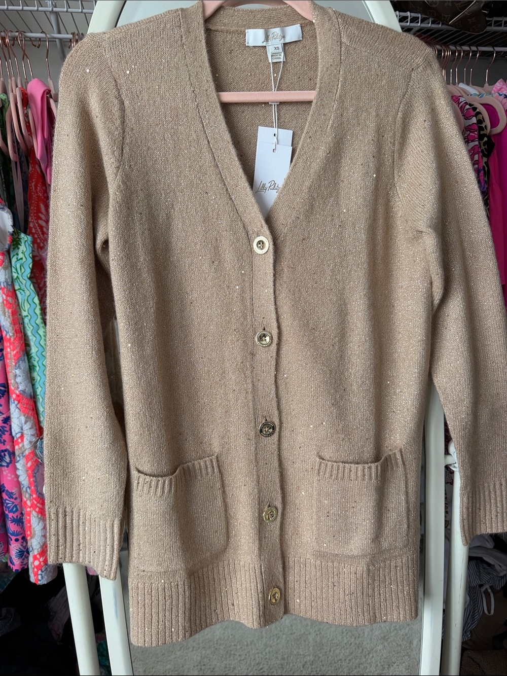 Lilly Pulitzer Neutral Beige Sequin Knit Button Cardigan